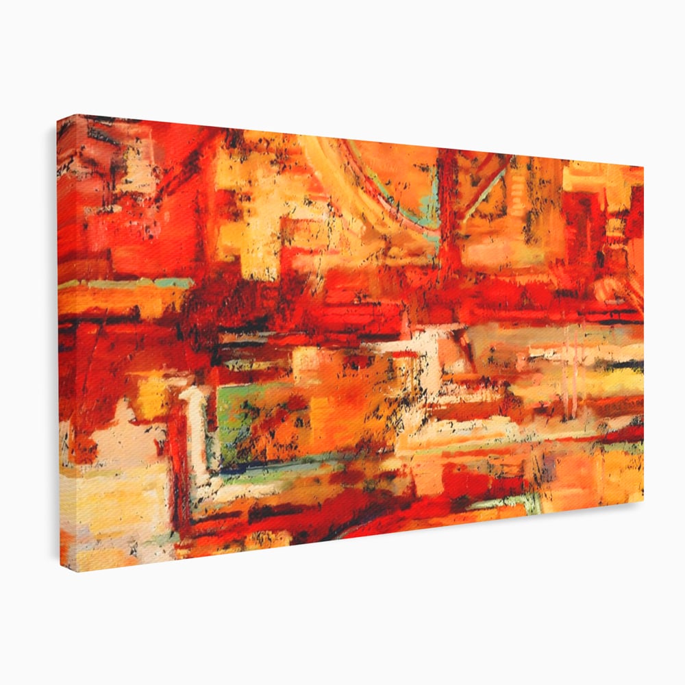 Tablou canvas cu pictura abstracta cu texturi in tonuri de rosu, fara rama, pe sasiu de lemn